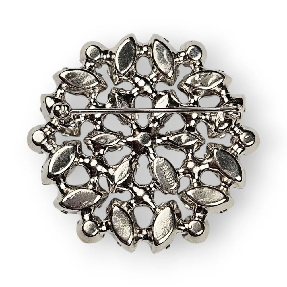 Vintage Rhinestone Flower Brooch Green White Rhodium Plated Snowflake B David